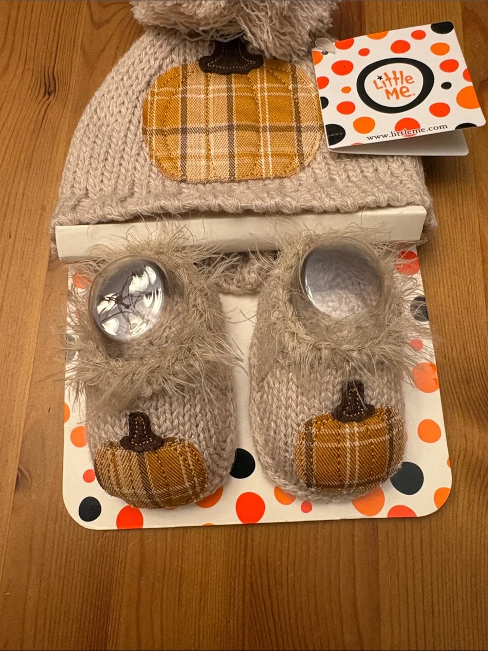 Little Me Cream Knit Pom Beanie and Booties with Yellow Plaid Pumpkin Applique